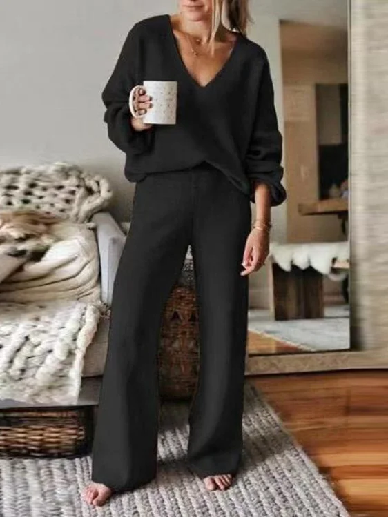 Women's Yarn/Wool Yarn Plain Daily Going Out Two Piece Set Long Sleeve Casual Spring/Fall Top With Pants Matching Set