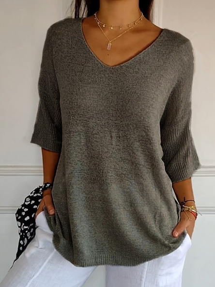 Women's Spring/Fall Plain Casual Three Quarter Sleeve V Neck Yarn/Wool Yarn Sweater