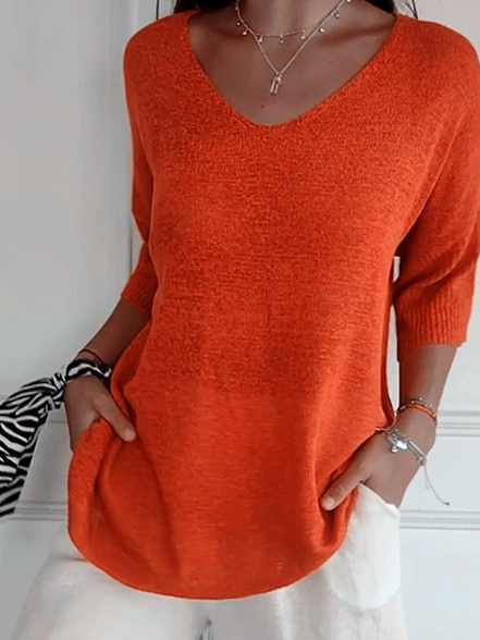 Women's Spring/Fall Plain Casual Three Quarter Sleeve V Neck Yarn/Wool Yarn Sweater