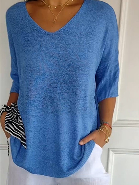 Women's Spring/Fall Plain Casual Three Quarter Sleeve V Neck Yarn/Wool Yarn Sweater