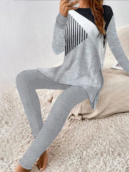 Women's Jersey Geometric Daily Going Out Two Piece Set Long Sleeve Casual Spring/Fall Top With Pants Matching Set