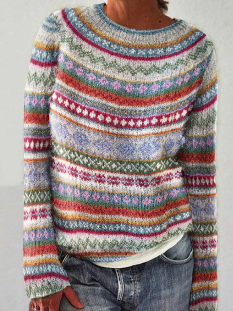 Women's Spring/Fall Ethnic Casual Long Sleeve Crew Neck Yarn/Wool Yarn Sweater