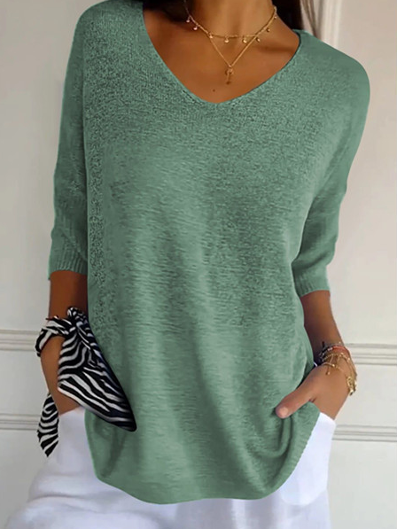 Women's Spring/Fall Plain Casual Three Quarter Sleeve V Neck Yarn/Wool Yarn Sweater