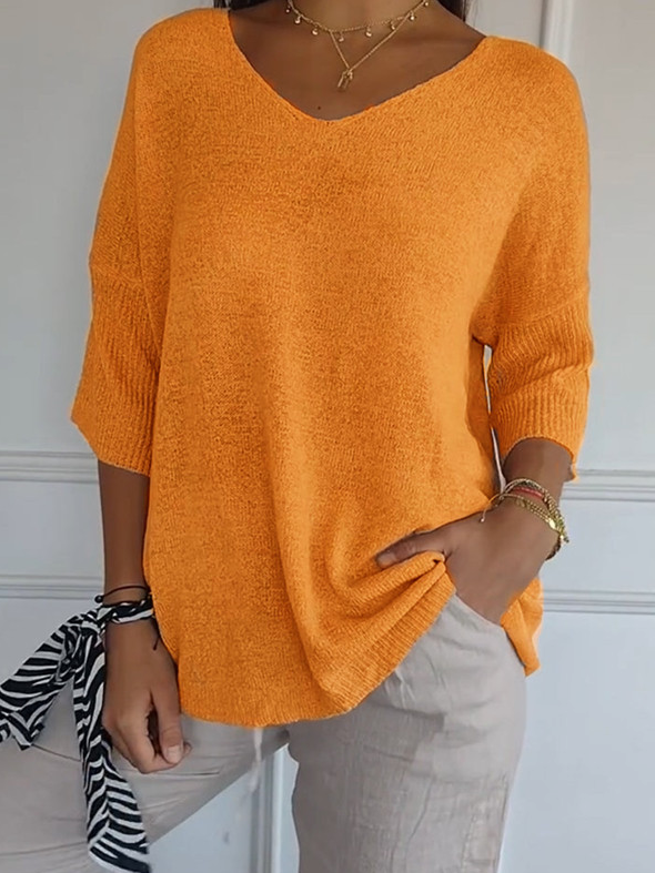 Women's Spring/Fall Plain Casual Three Quarter Sleeve V Neck Yarn/Wool Yarn Sweater