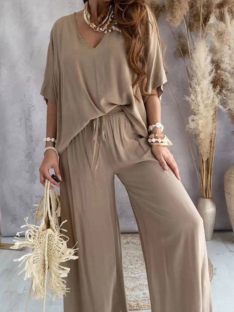 Women's Plain Daily Going Out Two Piece Set Half Sleeve Casual Summer Top With Pants Matching Set