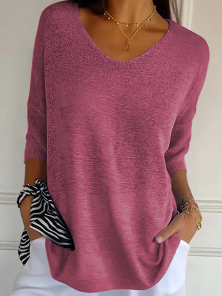 Women's Spring/Fall Plain Casual Three Quarter Sleeve V Neck Yarn/Wool Yarn Sweater