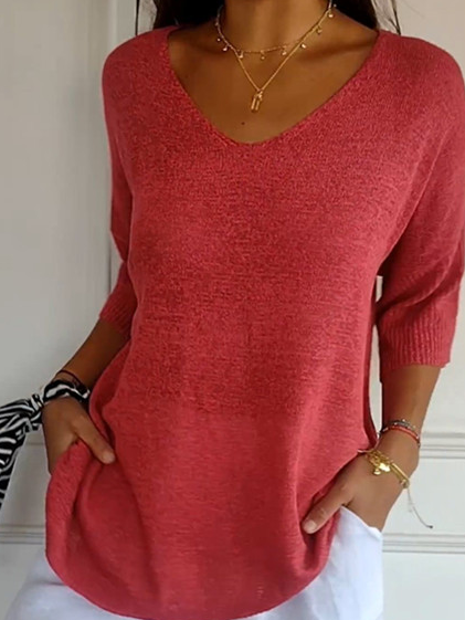 Women's Spring/Fall Plain Casual Three Quarter Sleeve V Neck Yarn/Wool Yarn Sweater