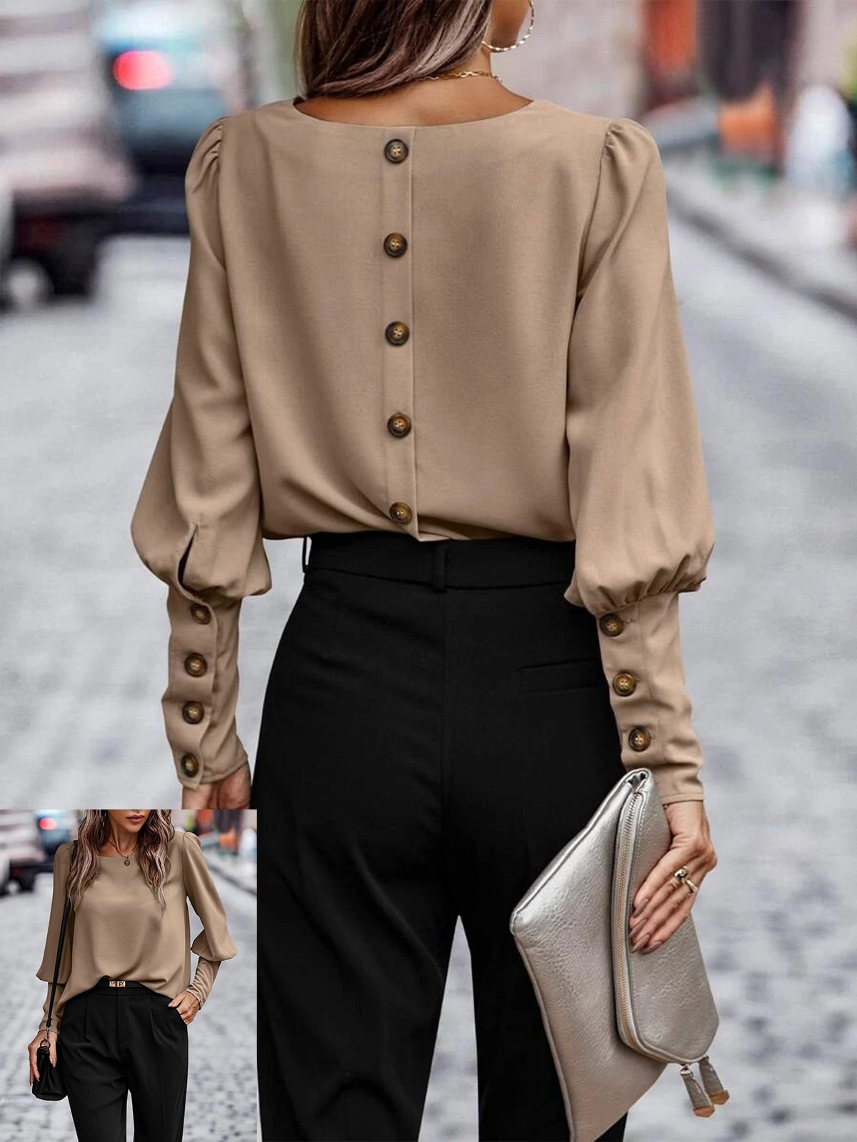 Women's Long Sleeve Blouse Spring/Fall Plain Buttoned Crew Neck Daily Going Out Casual Top