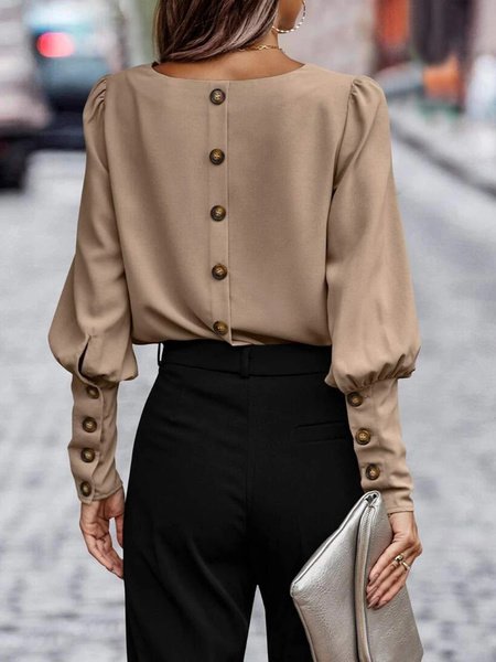 Women's Long Sleeve Blouse Spring/Fall Plain Buttoned Crew Neck Daily Going Out Casual Top