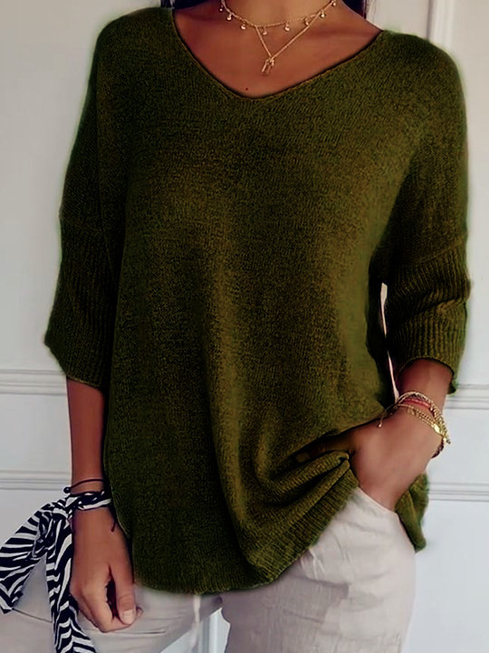 Women's Spring/Fall Plain Casual Three Quarter Sleeve V Neck Yarn/Wool Yarn Sweater