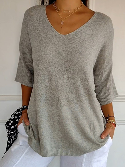 Women's Spring/Fall Plain Casual Three Quarter Sleeve V Neck Yarn/Wool Yarn Sweater