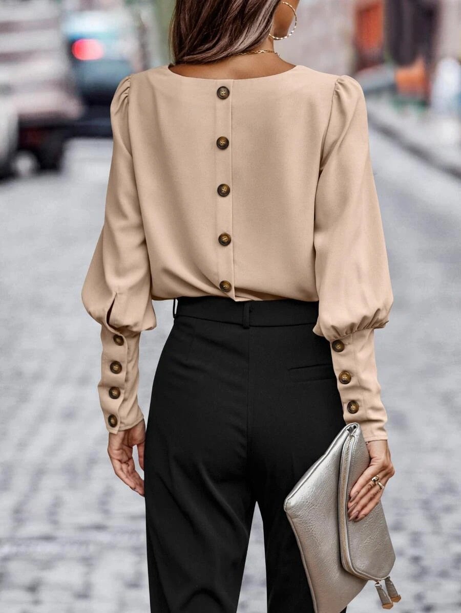 Women's Long Sleeve Blouse Spring/Fall Plain Buttoned Crew Neck Daily Going Out Casual Top