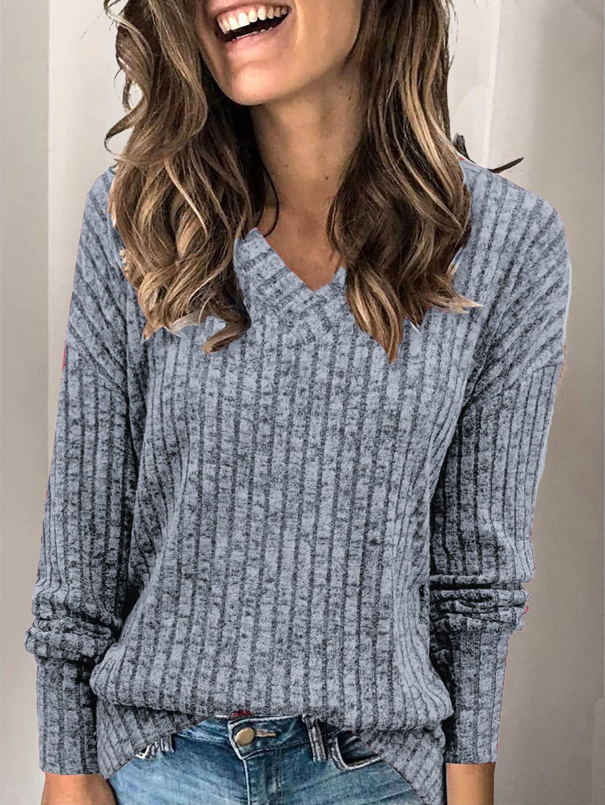 Women's Long Sleeve Tee T-shirt Spring/Fall Plain Knitted V Neck Daily Going Out Casual Top