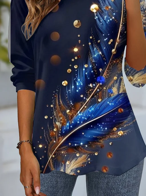 Women's Long Sleeve Tee T-shirt Spring/Fall Feather Pattern Jersey Crew Neck Daily Going Out Casual Top Deep Blue