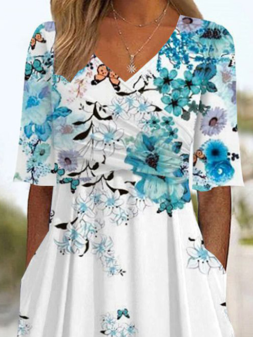 Women's Half Sleeve Summer Floral Cross Dress V Neck Daily Going Out Casual Midi A-Line Blue