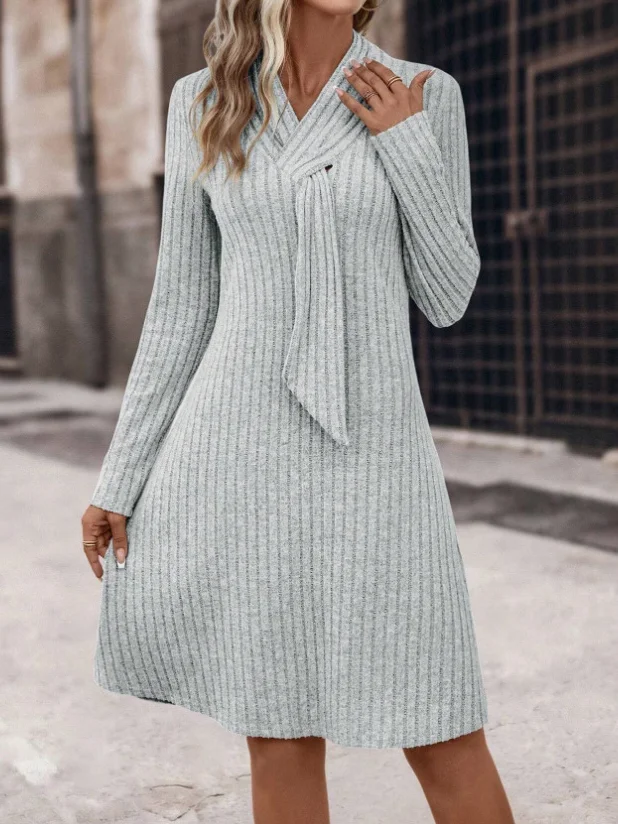 Women's Long Sleeve Spring/Fall Plain Cross Knitted Dress V Neck Daily Going Out Casual Midi H-Line T-Shirt Dress Gray