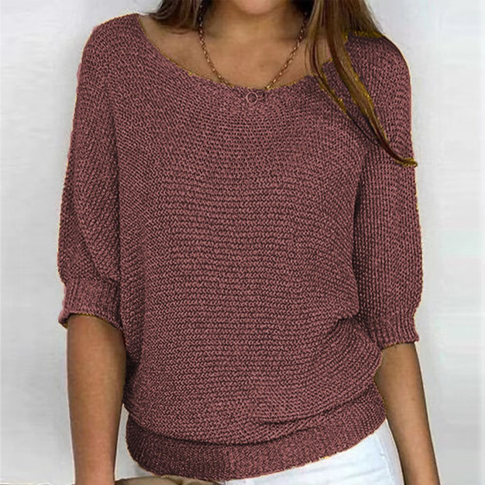 Women's Knitted Boat Neck 3/4 Sleeve Sweater