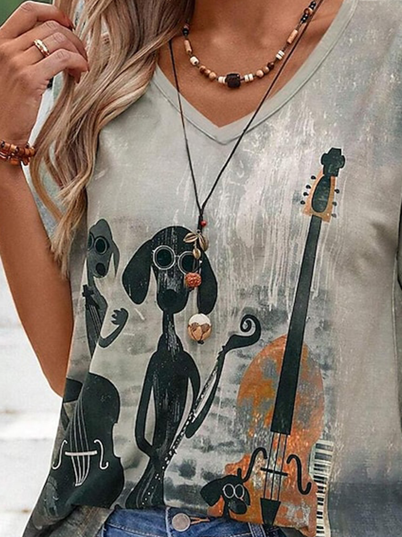 Women's Short Sleeve Tee T-shirt Summer Cat Printing Jersey V Neck Daily Going Out Casual Top Gray