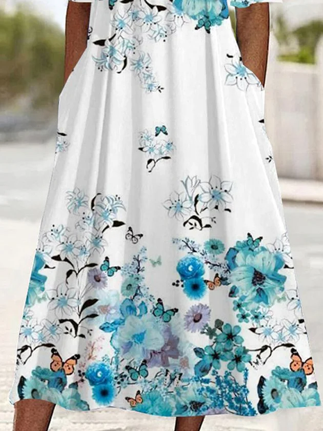 Women's Half Sleeve Summer Floral Cross Dress V Neck Daily Going Out Casual Midi A-Line Blue