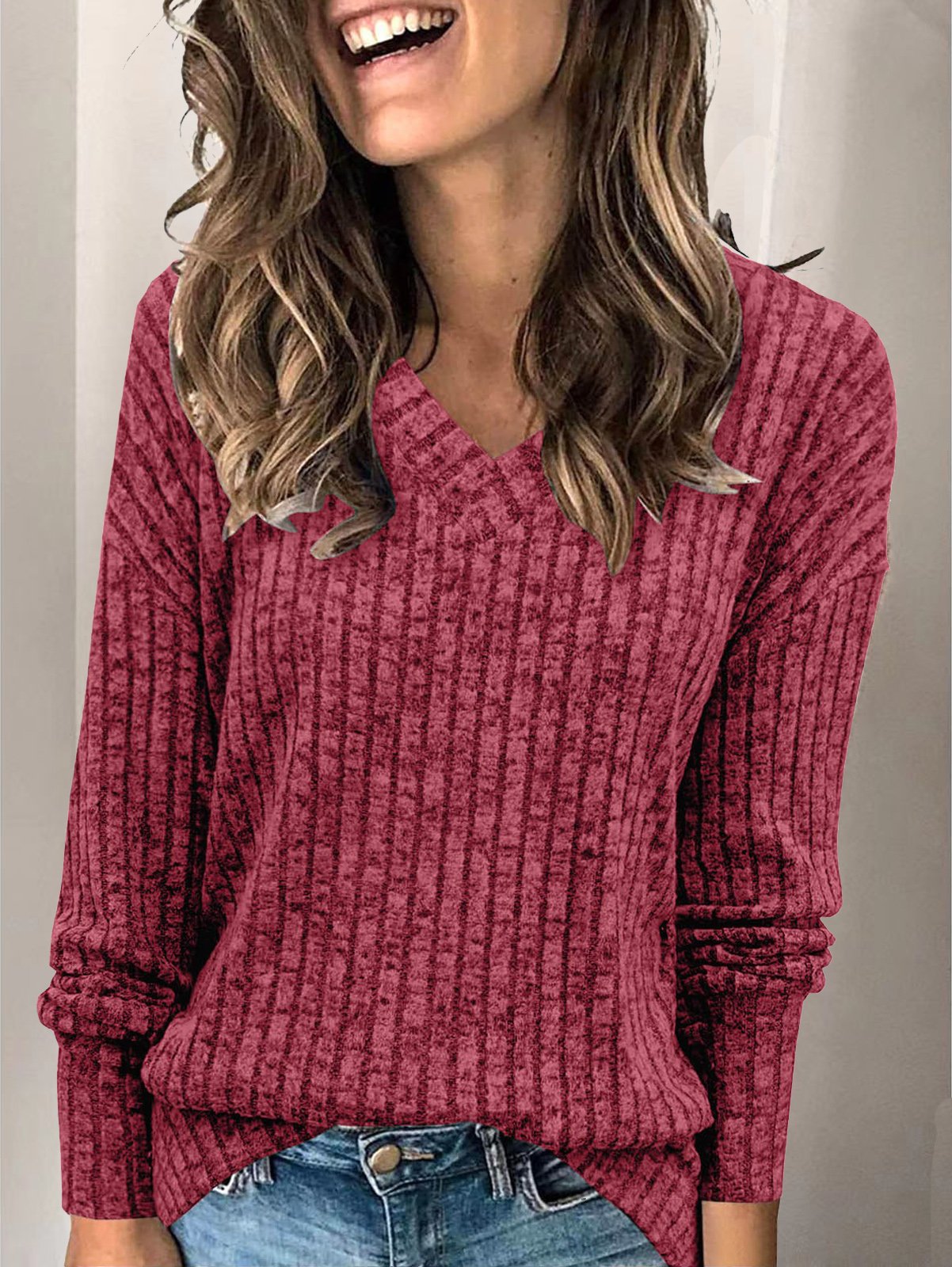 Women's Long Sleeve Tee T-shirt Spring/Fall Plain Knitted V Neck Daily Going Out Casual Top