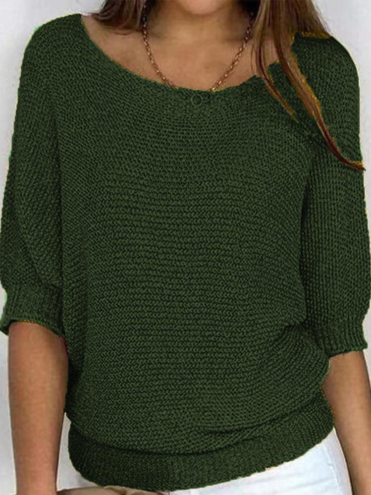 Women's Spring/Fall Plain Casual Three Quarter Sleeve Crew Neck Yarn/Wool Yarn Sweater