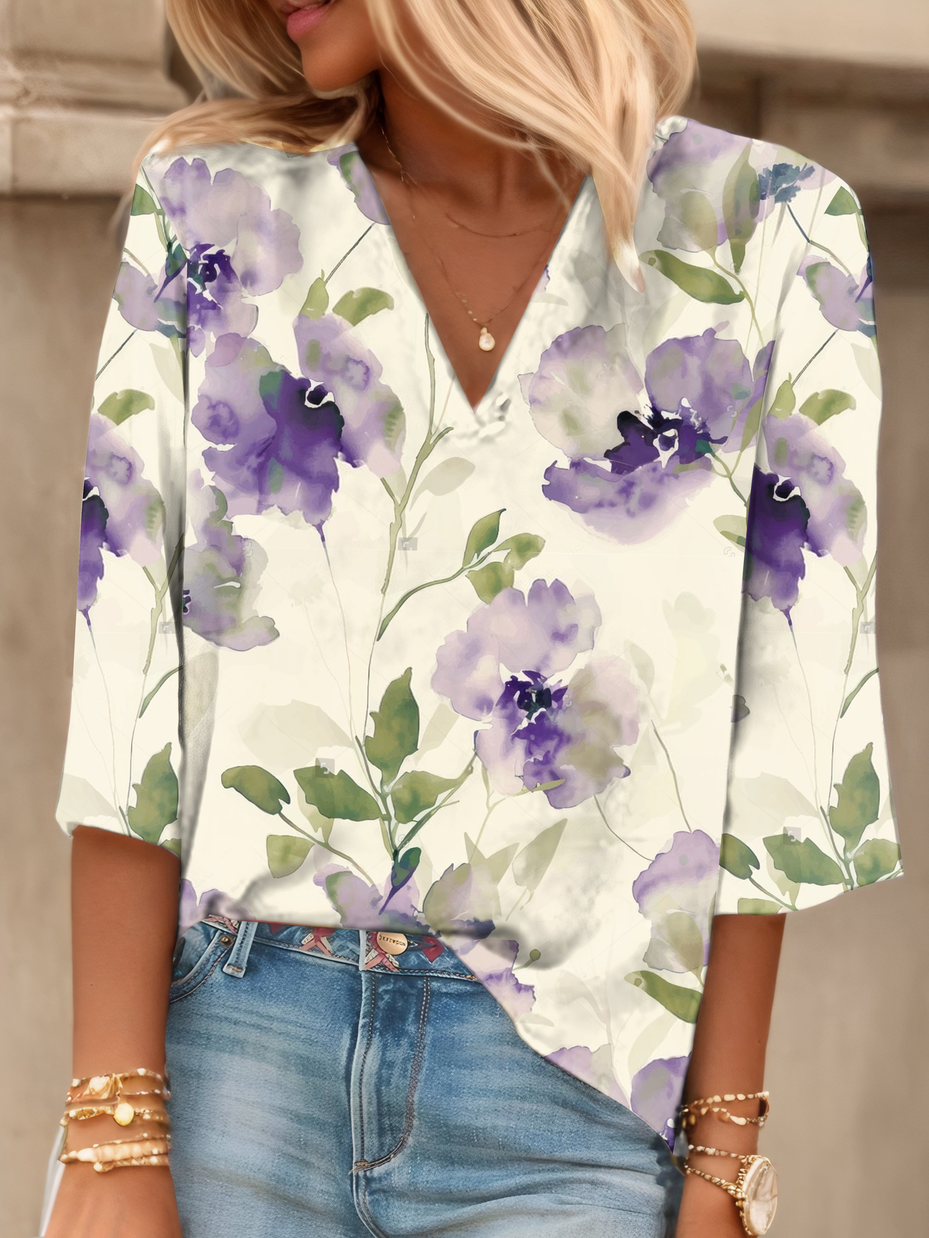 Women's Three Quarter Sleeve Tee T-shirt Spring/Fall Floral V Neck Daily Going Out Casual Top Apricot