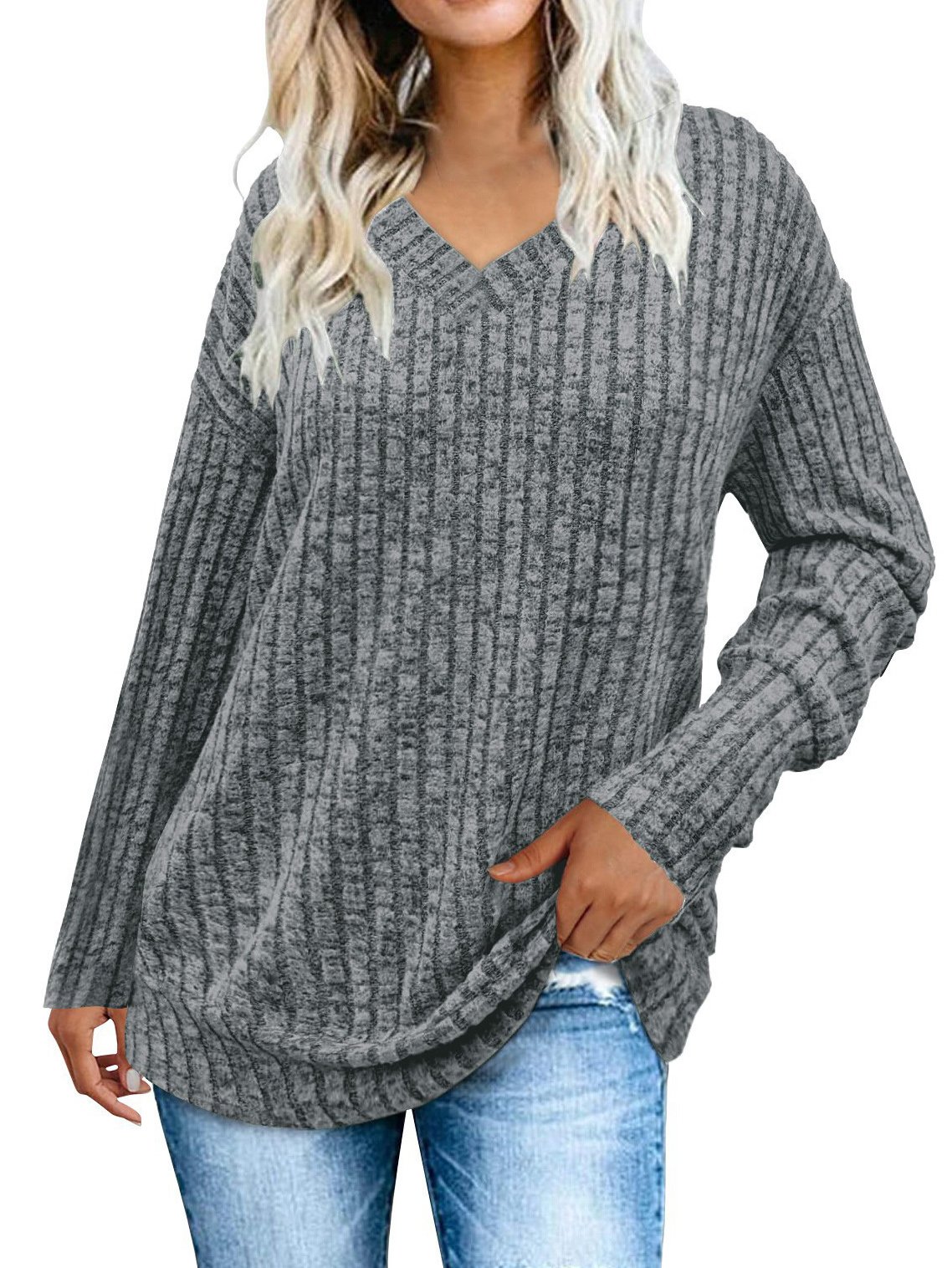 Women's Long Sleeve Tee T-shirt Spring/Fall Plain Knitted V Neck Daily Going Out Casual Top