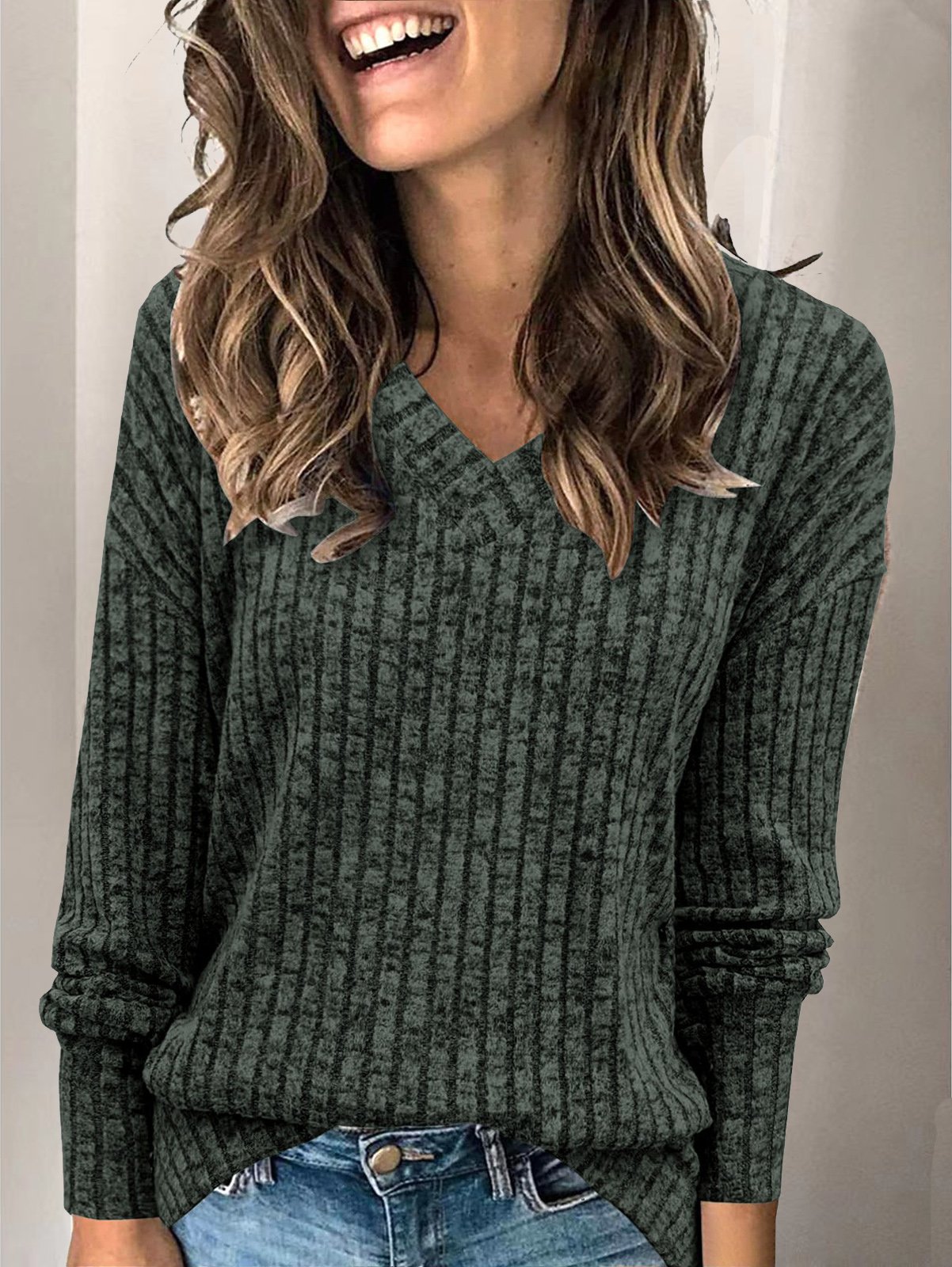 Women's Long Sleeve Tee T-shirt Spring/Fall Plain Knitted V Neck Daily Going Out Casual Top