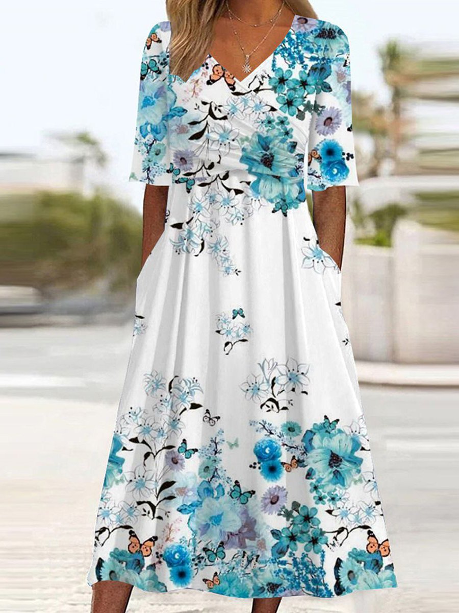 Women's Half Sleeve Summer Floral Cross Dress V Neck Daily Going Out Casual Midi A-Line Blue