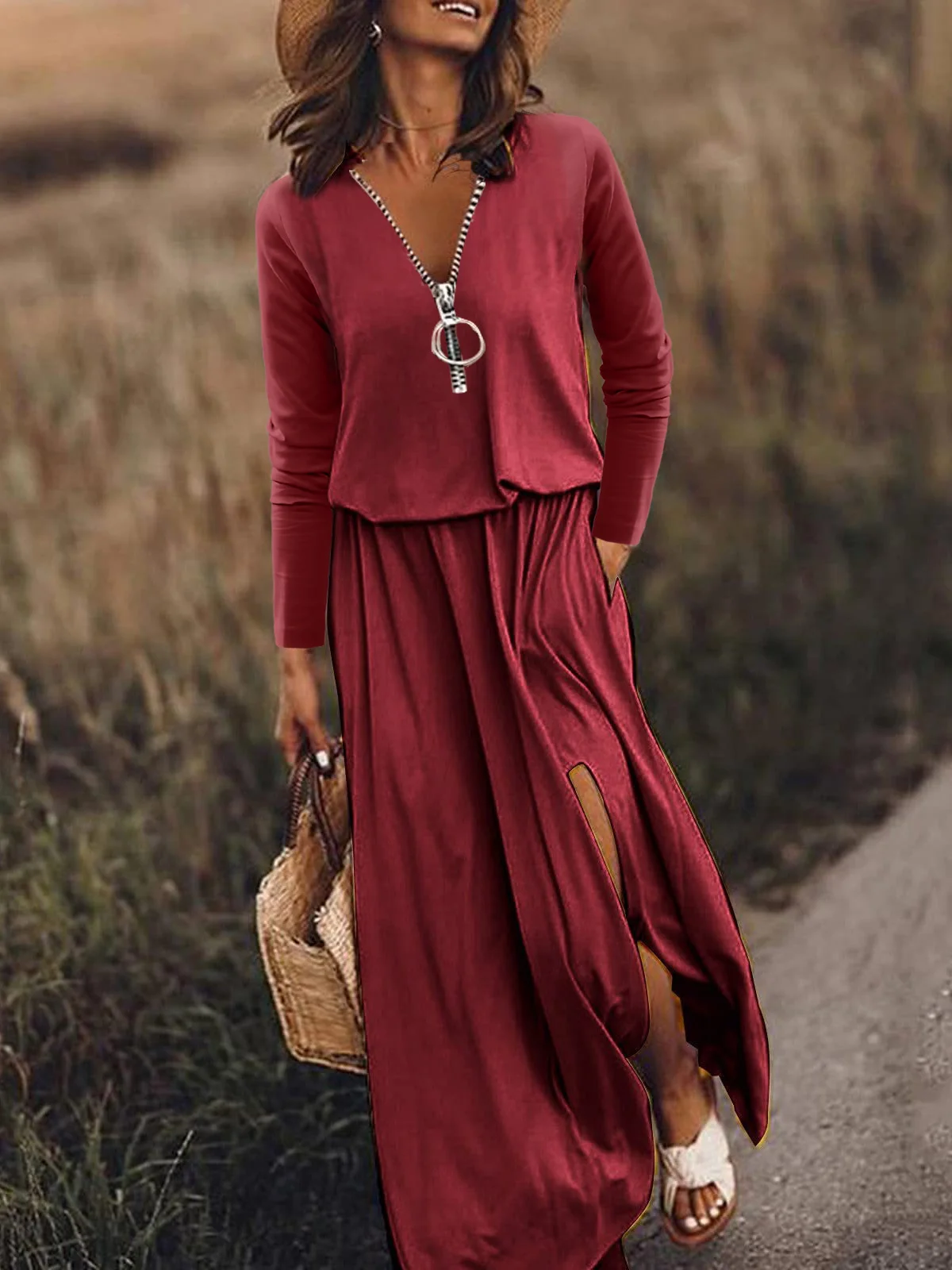 Women's Long Sleeve Spring/Fall Text Letters Zipper Cotton And Linen Dress V Neck Daily Going Out Casual Midi H-Line