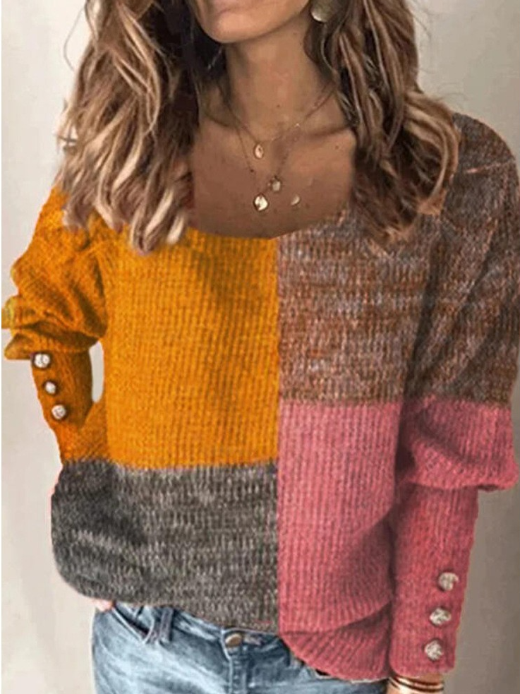 Women's Spring/Fall Color Block Casual Long Sleeve Crew Neck Yarn/Wool Yarn Sweater