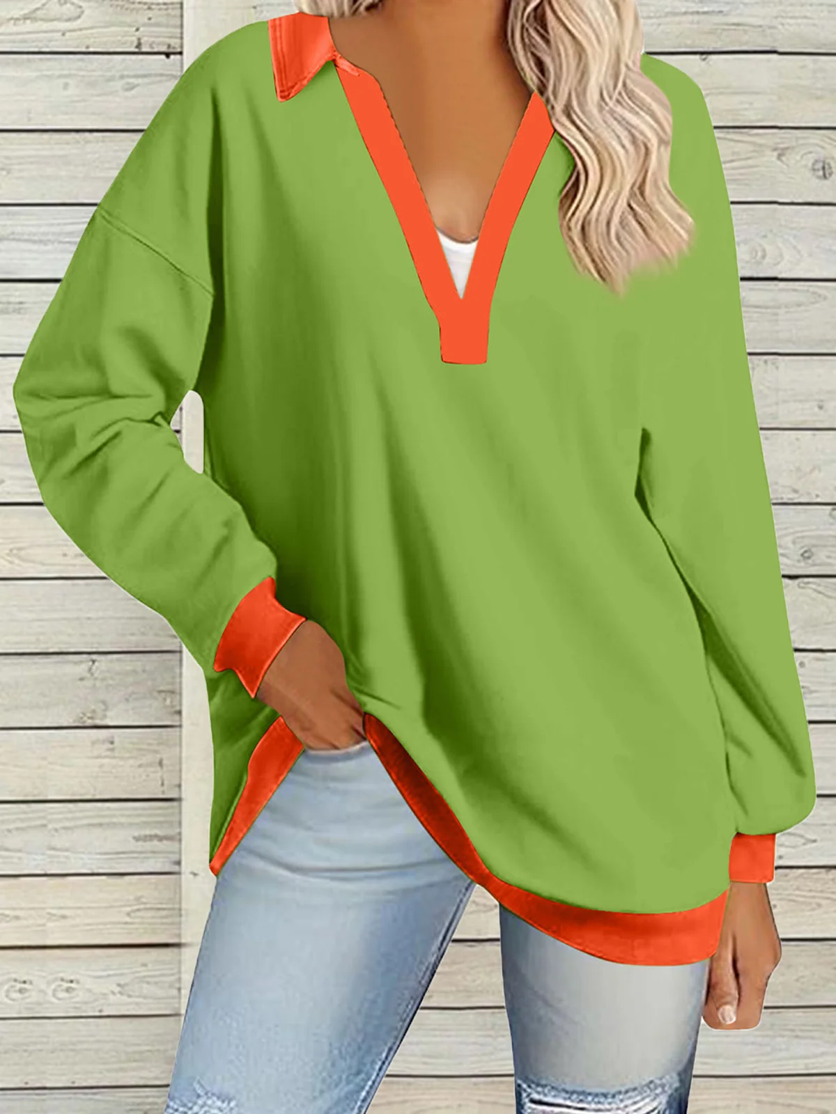 Women's Long Sleeve Blouse Spring/Fall Color Block V Neck Daily Going Out Casual Top Aqua