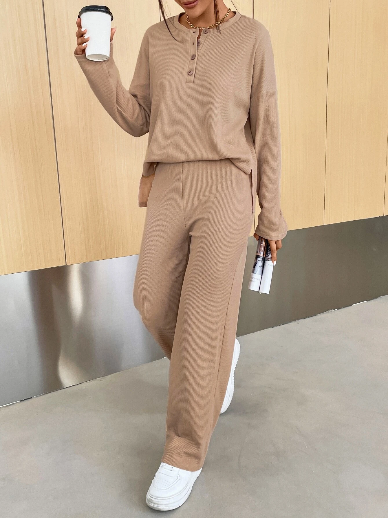 Women's Buckle Knitted Plain Daily Going Out Two Piece Set Long Sleeve Casual Spring/Fall Top With Pants Matching Set