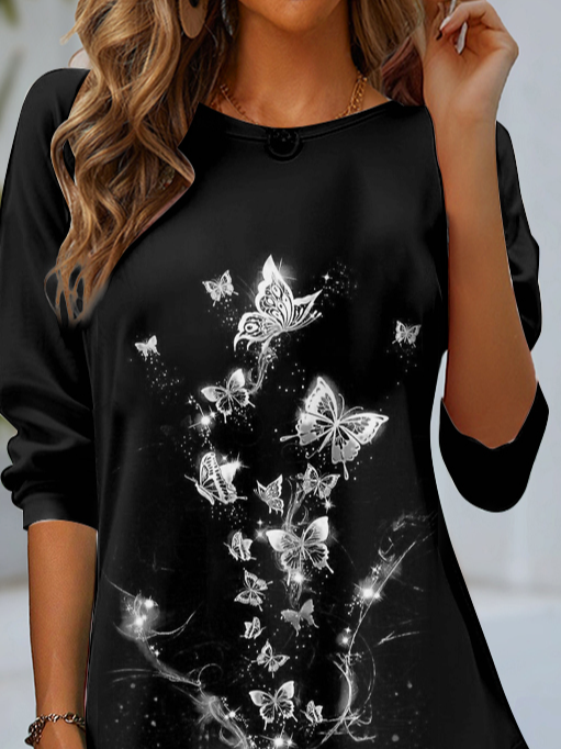 Women's Long Sleeve Tee T-shirt Spring/Fall Butterfly Jersey Crew Neck Daily Going Out Casual Top Black