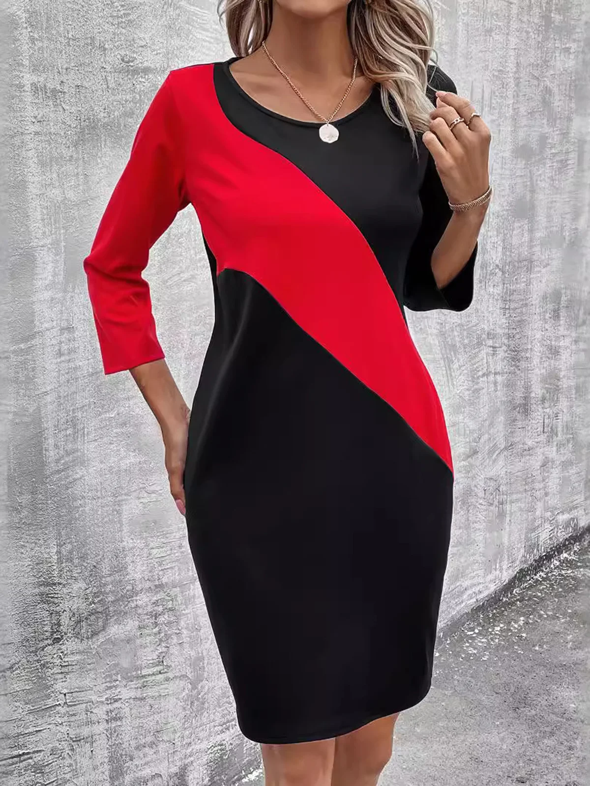 Women's Long Sleeve Spring/Fall Color Block Knitted Dress Crew Neck Daily Going Out Casual Midi H-Line T-Shirt Dress Black