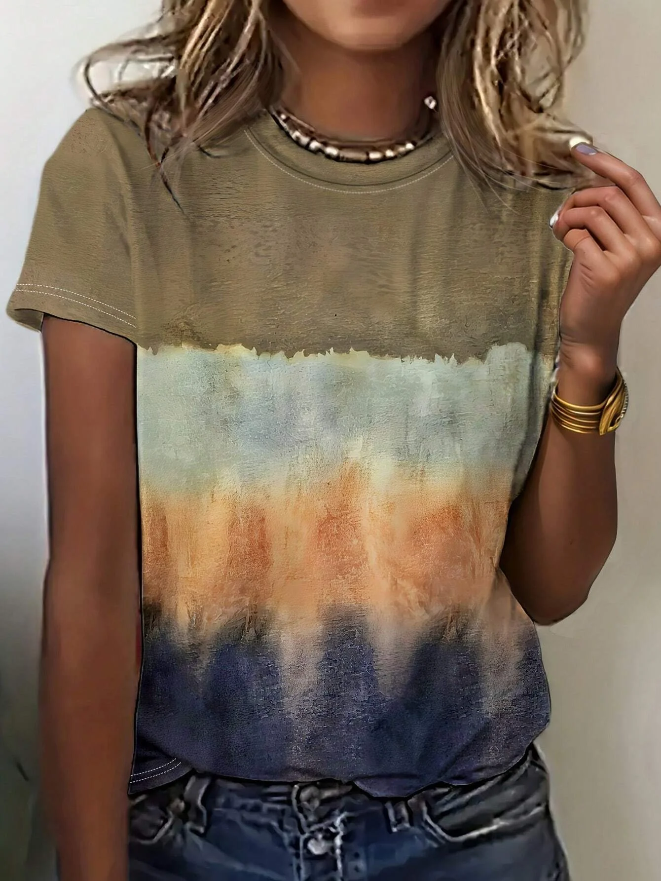 Women's Short Sleeve Tee T-shirt Summer Gradient Pattern Printing Jersey Crew Neck Daily Going Out Vintage Top Khaki