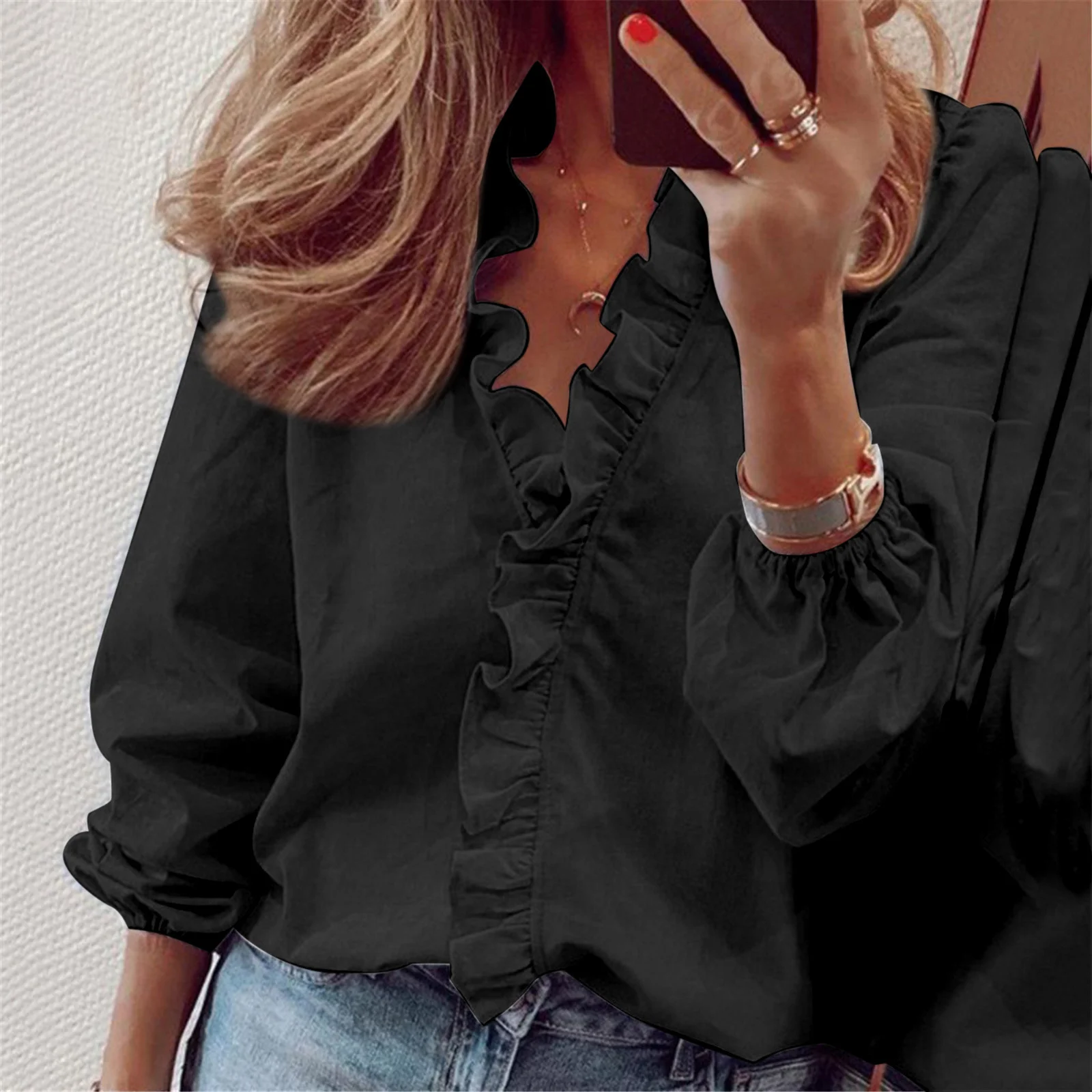 Women's Ruffled V-Neck Long Sleeve Plain Elegant Blouse