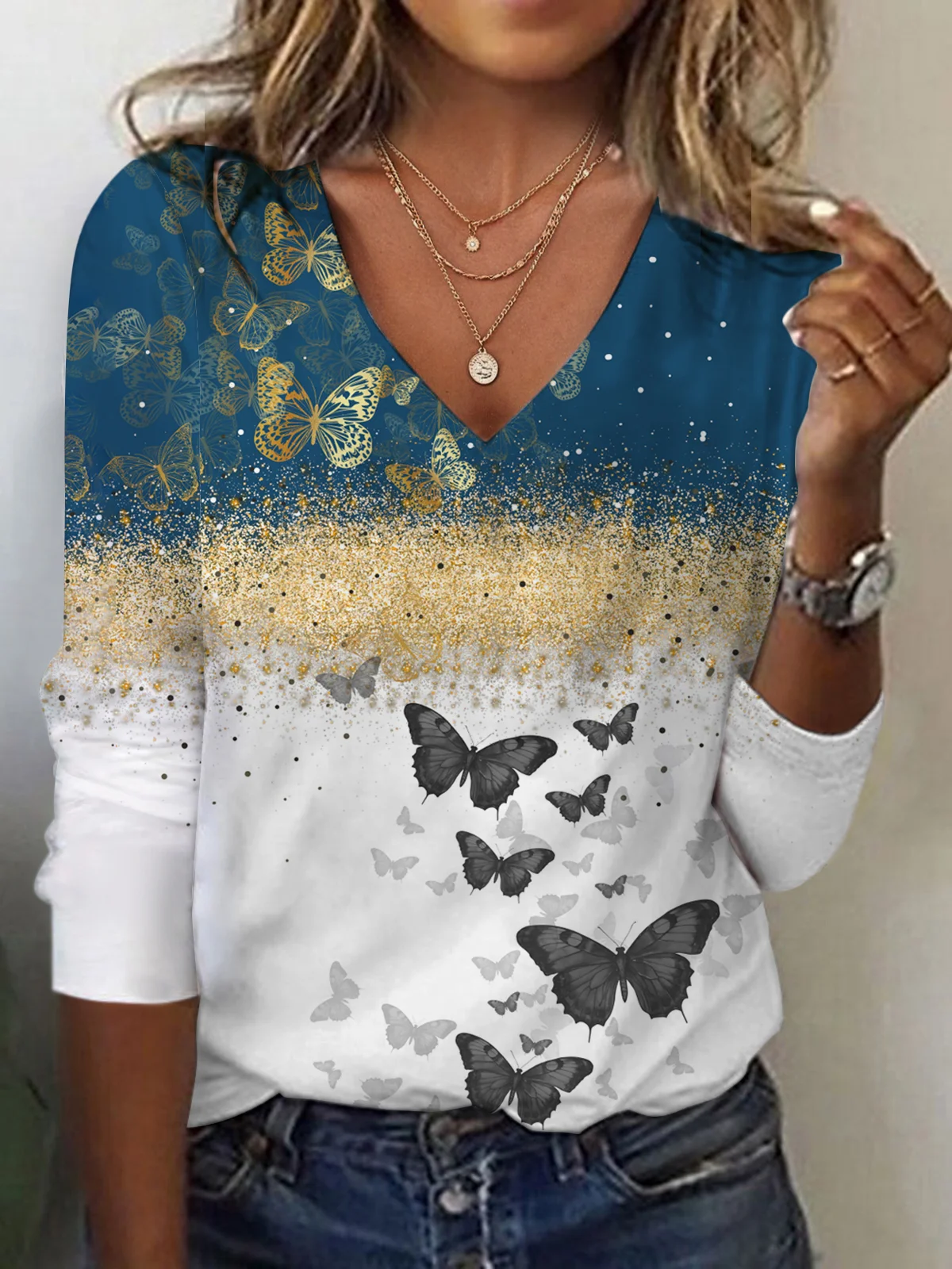 Women's Long Sleeve Tee T-shirt Spring/Fall Butterfly Jersey V Neck Daily Going Out Casual Top Blue