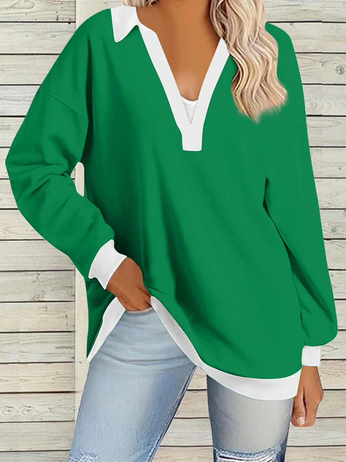 Women's Long Sleeve Blouse Spring/Fall Color Block V Neck Daily Going Out Casual Top Aqua