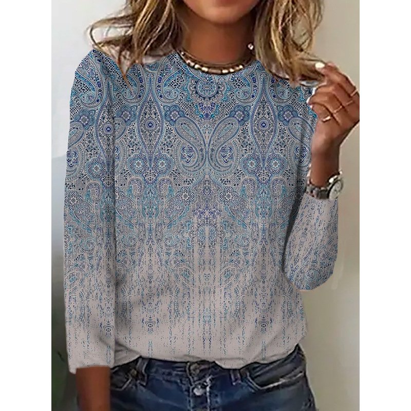 Women's Long Sleeve Tee T-shirt Spring/Fall Ethnic Lace Jersey Crew Neck Daily Going Out Casual Top