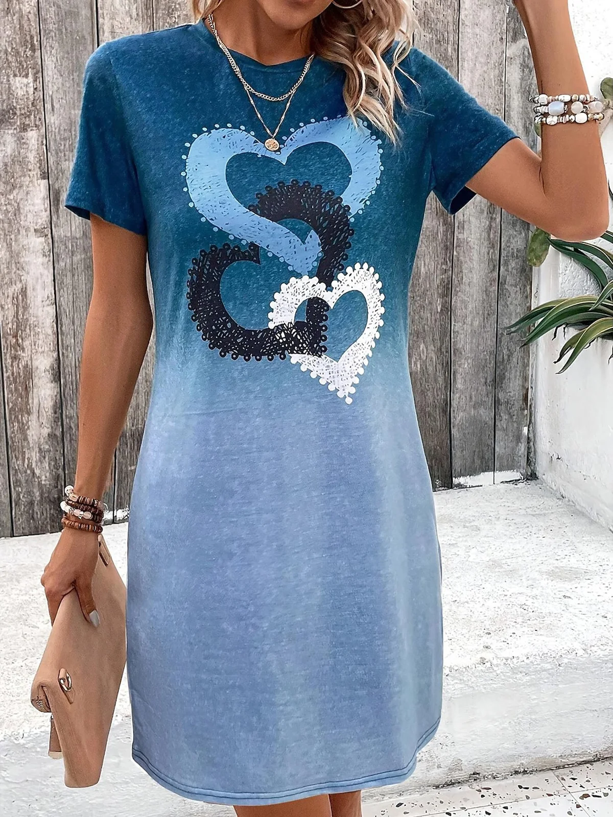 Women's Short Sleeve Summer Ombre Printing Jersey Dress Crew Neck Daily Going Out Casual Mini H-Line TUNIC Blue