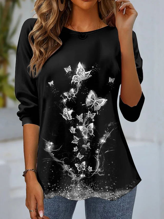 Women's Long Sleeve Tee T-shirt Spring/Fall Butterfly Jersey Crew Neck Daily Going Out Casual Top Black