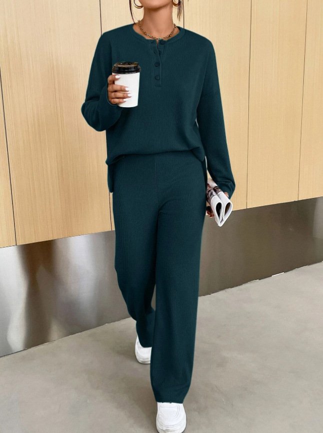 Women's Buckle Knitted Plain Daily Going Out Two Piece Set Long Sleeve Casual Spring/Fall Top With Pants Matching Set