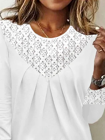 Women's Long Sleeve Blouse Spring/Fall Dandelion Lace Cotton Crew Neck Daily Going Out Casual Top