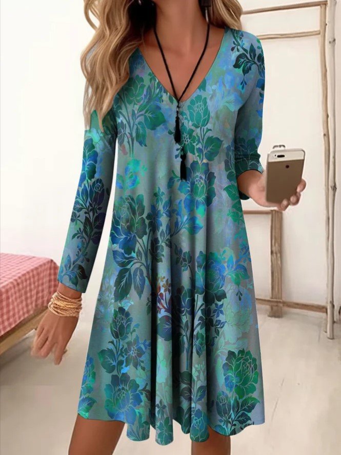 Women's Floral Three Quarter Sleeve Spring/Fall Dress V Neck Daily Casual Mini A-Line Dress