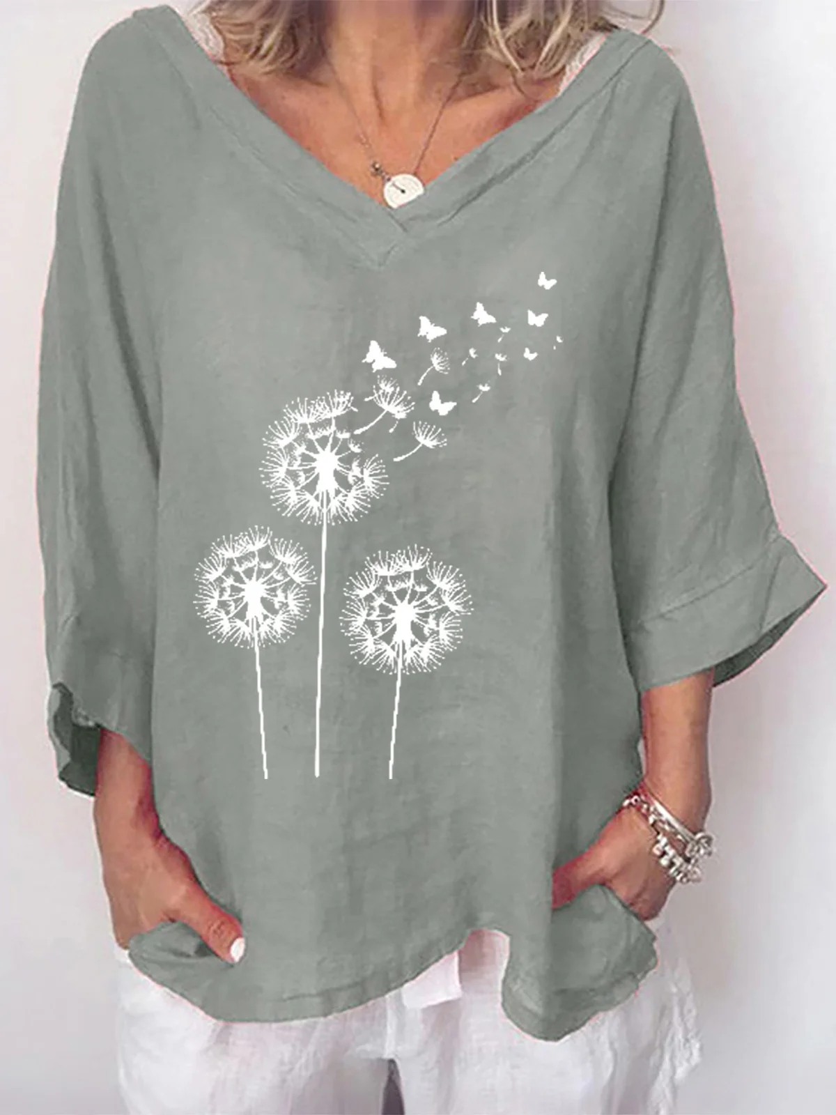 Women's Long Sleeve Blouse Spring/Fall Dandelion Cotton V Neck Daily Going Out Casual Top