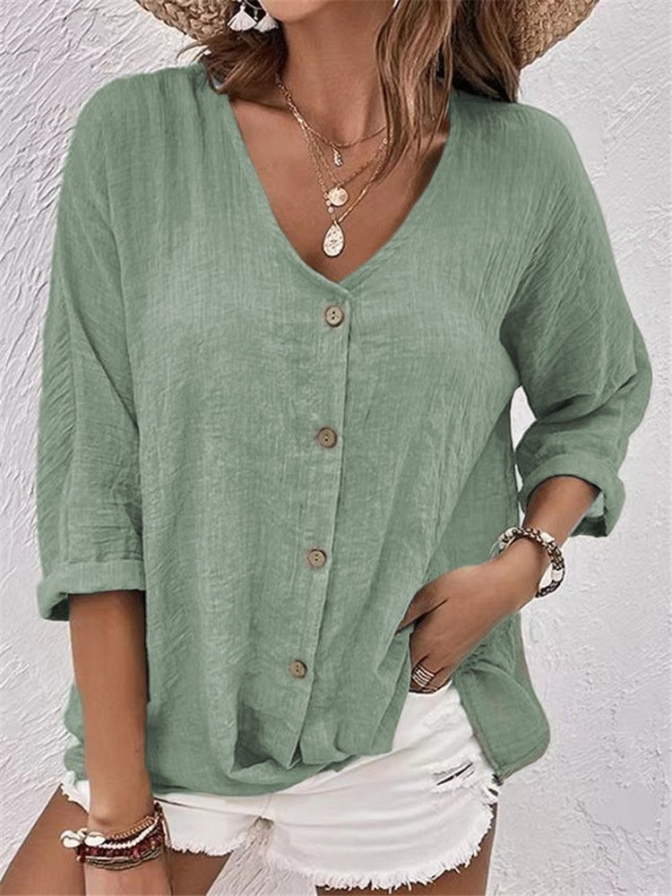 Women's Long Sleeve Shirt Spring/Fall Ombre Cotton V Neck Daily Going Out Casual Top