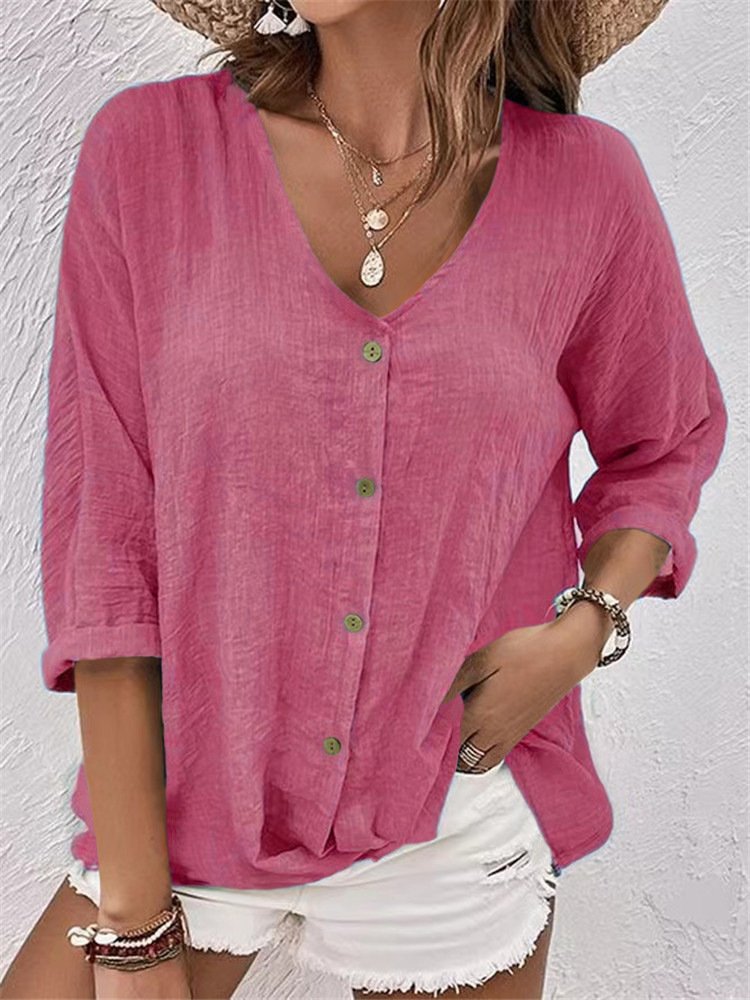 Women's Long Sleeve Shirt Spring/Fall Ombre Cotton V Neck Daily Going Out Casual Top