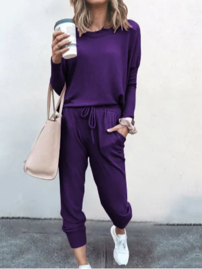 Women's Jersey Plain Daily Going Out Two Piece Set Long Sleeve Casual Spring/Fall Top With Pants Matching Set