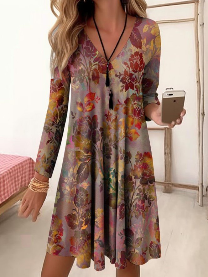 Women's Floral Three Quarter Sleeve Spring/Fall Dress V Neck Daily Casual Mini A-Line Dress